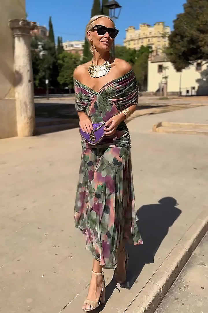 Floral Print Deep V-Neck Maxi Dress