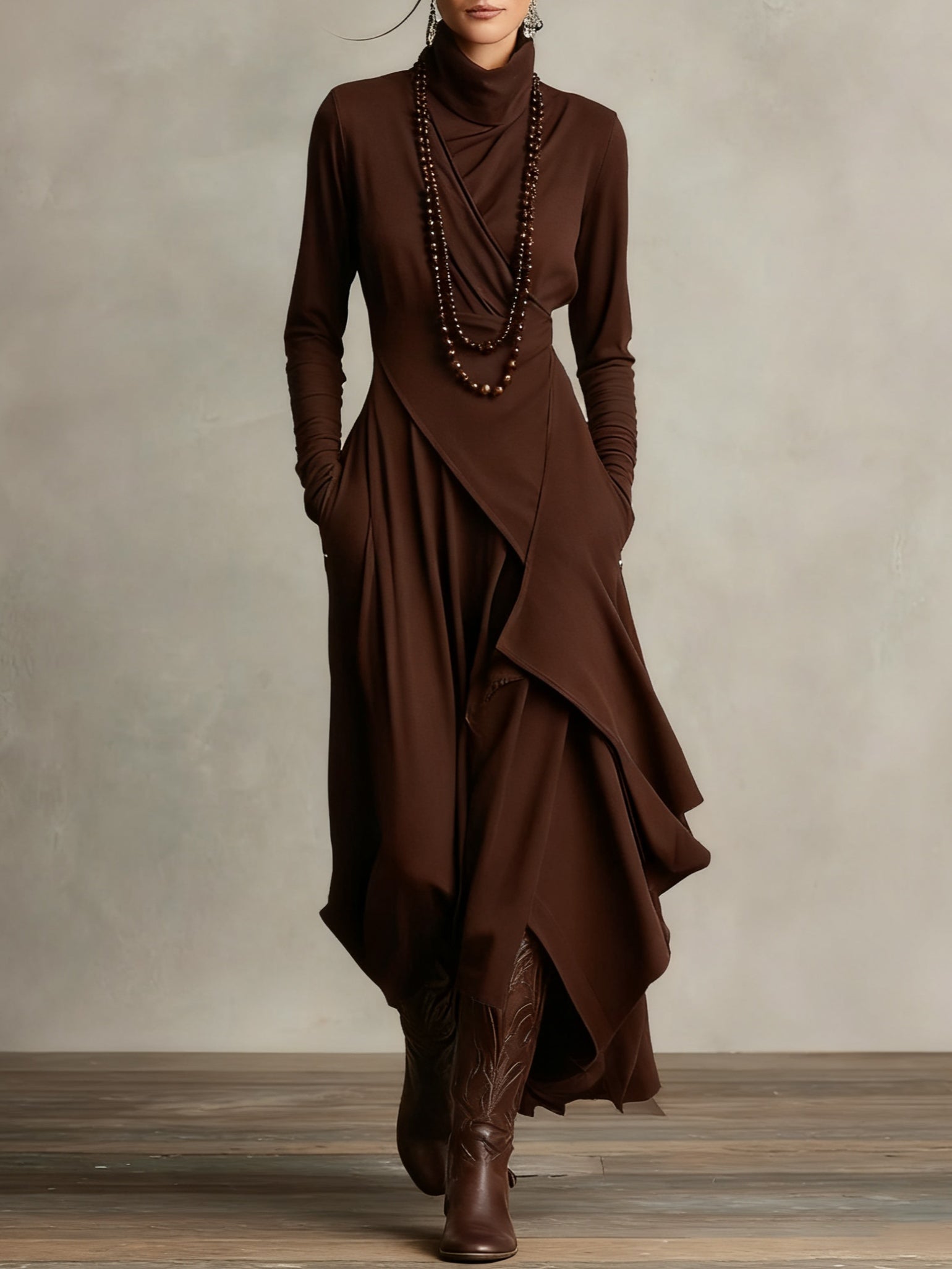 Asymmetric Turtleneck Maxi Dress