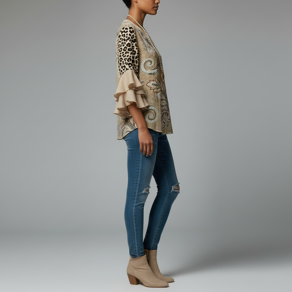 Ruffle Sleeve V-Neck Blouse