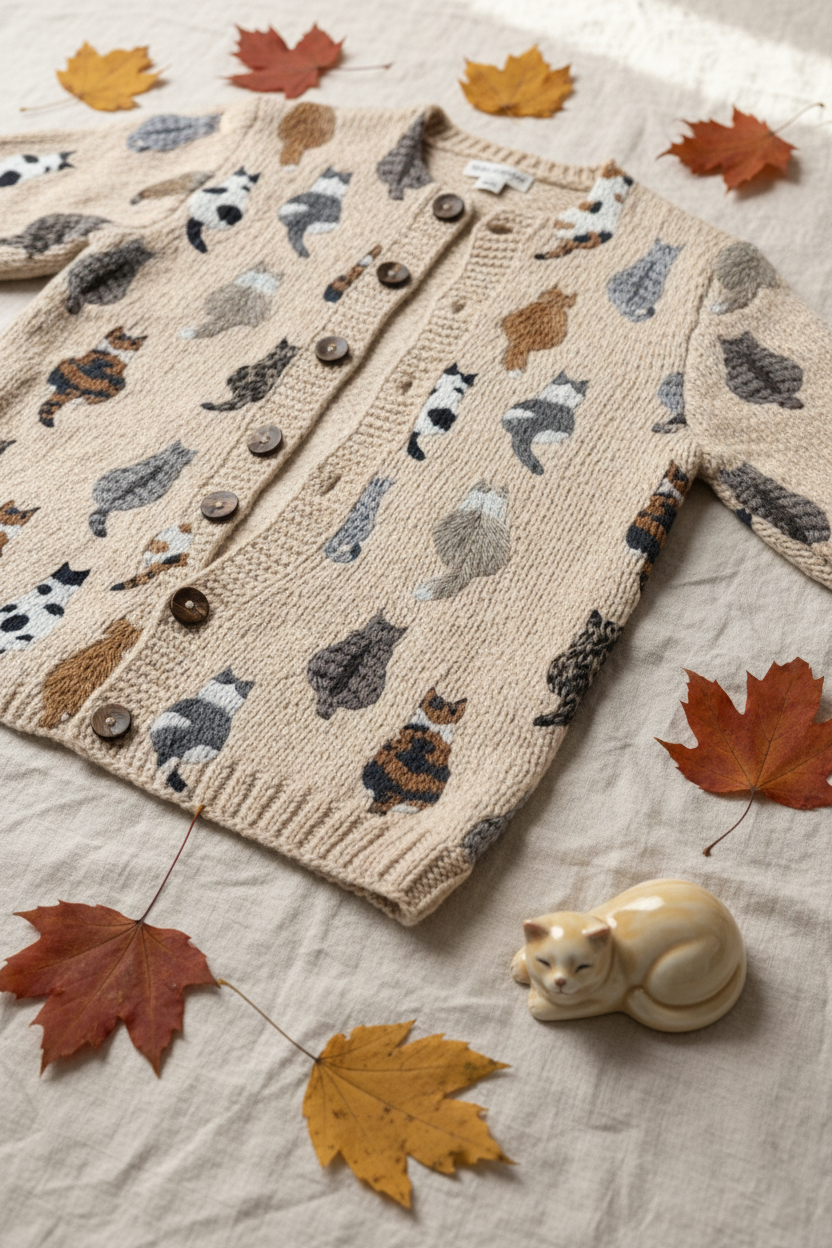 Cat Print Knit Cardigan