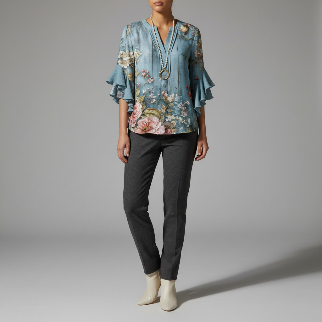 Ruffle Sleeve V-Neck Blouse