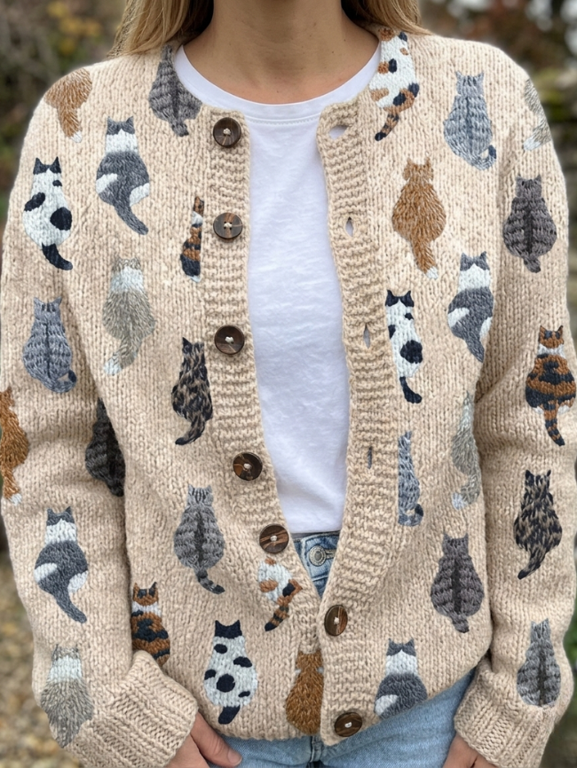 Cat Print Knit Cardigan